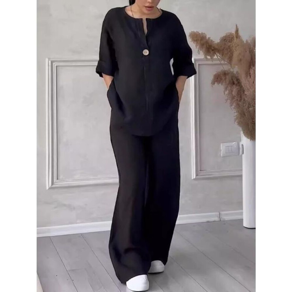 (black, XXXXL) Qiced Fashion Women's Comfortable Loose Top Wide Leg Pants Casual Cotton Linen Suit