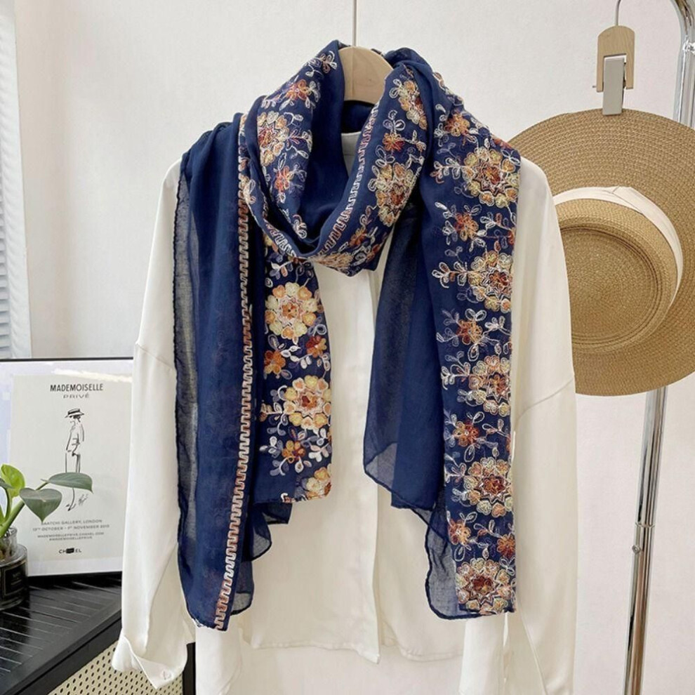 (navy blue) Cotton Linen Ethnic Style Scarf Bohemia Embroidery Flower Scarf Retro Large Shawl  Girl