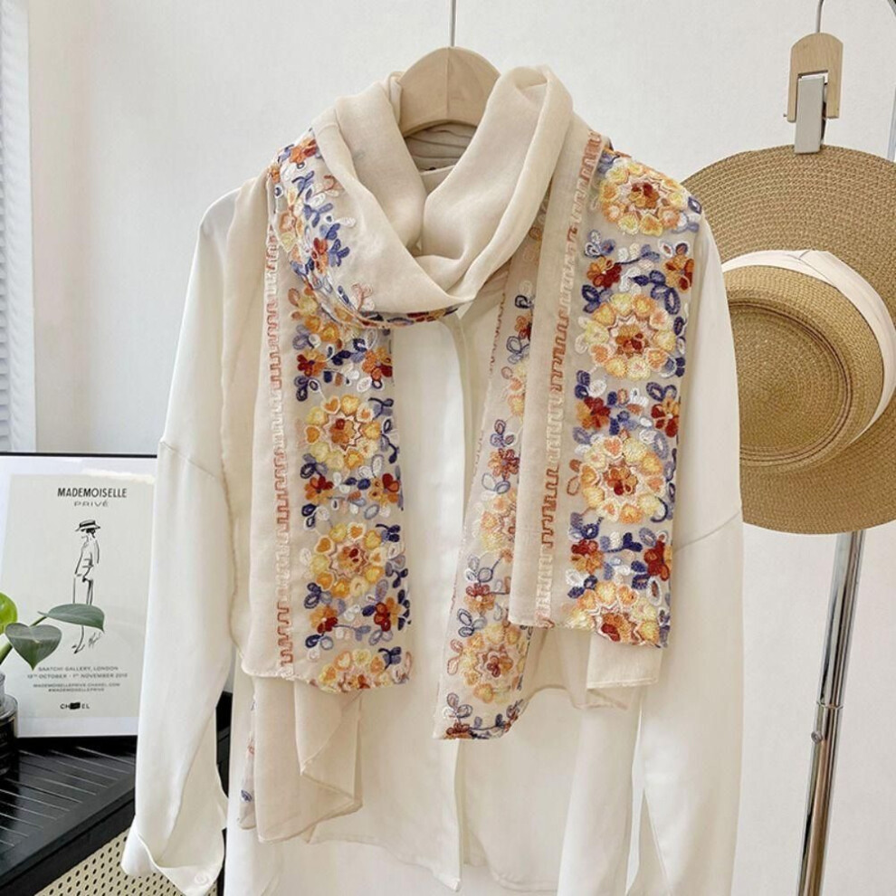 (beige) Cotton Linen Ethnic Style Scarf Bohemia Embroidery Flower Scarf Retro Large Shawl  Girl