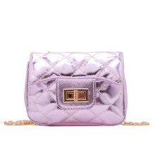 (Purple) Grid Rhombus Chain Shoulder Bag Girls With Shiny Metal Buckle Leather Gift Pu