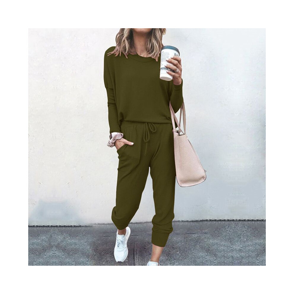 (ArmyGreen,L)Ensemble survêtement 2 pièces femme couleur unie top sweats à capuche pantalon de détente