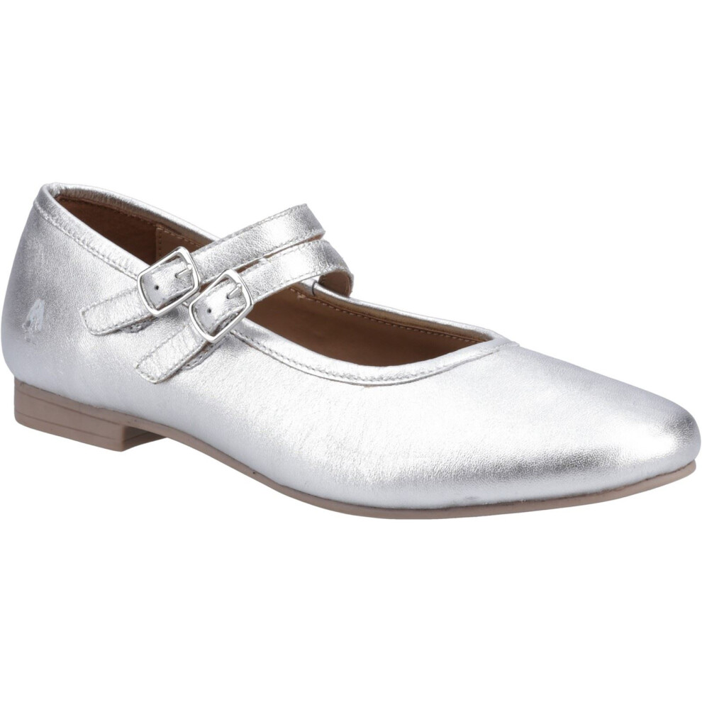(Silver, 4 (Adults')) Hush Puppies Nancy Mary Jane Leather Women's Silver Flats