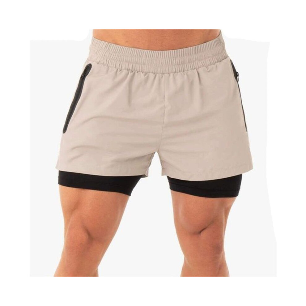 (Beige,M)Short de course homme gym sport entraînement musculation entraînement fitness pantalon gym