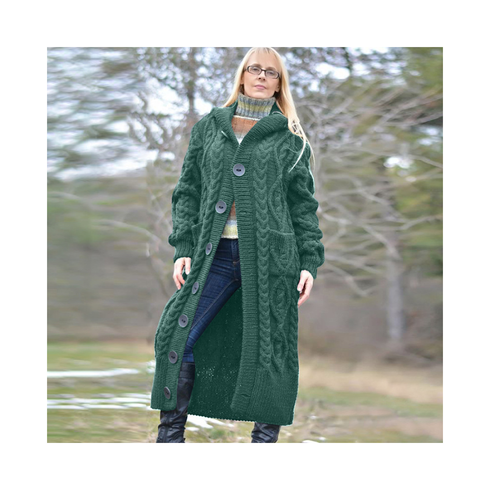 (Green,L)Manteau pull femme tricot simple boutonnage à capuche boutonné hauts mode veste longue