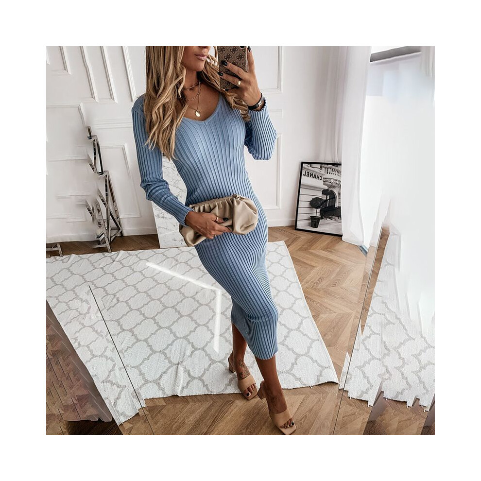 (Blue,S)Robe moulante à manches longues pour femmes robe de soirée soirée pull robes pull