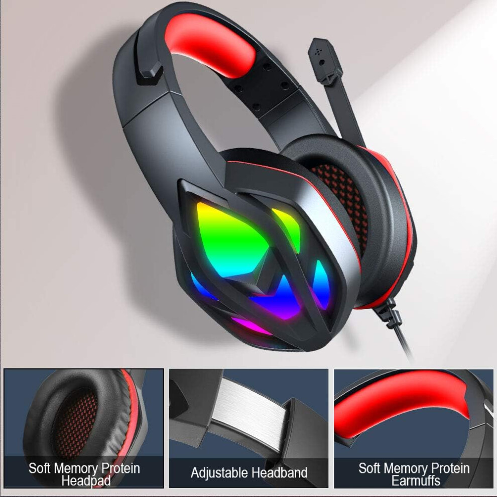 Gaming Headset, Over-Ear Gaming Headphones with Noise Canceling Mic, Stereo Bass Surround Sound, Soft Memory EarmuffsRed-image-OPC-PHDKKMK-NEW