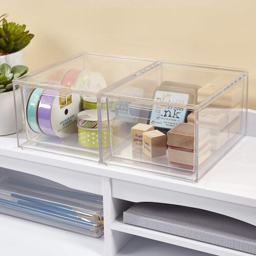 Stackable Cosmetic Organizer Drawers | Set of 2 Clear$ Stackable Kitchen and Bathroom Acrylic Drawer 2