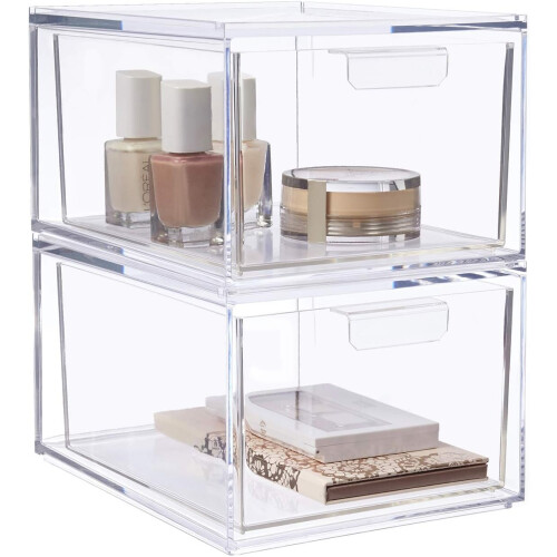 Stackable Cosmetic Organizer Drawers | Set of 2 Clear$ Stackable Kitchen and Bathroom Acrylic Drawer