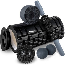 5 in 1 foam roller set comprising hollow massage roller with end caps, muscle roller bar, stretching strap
