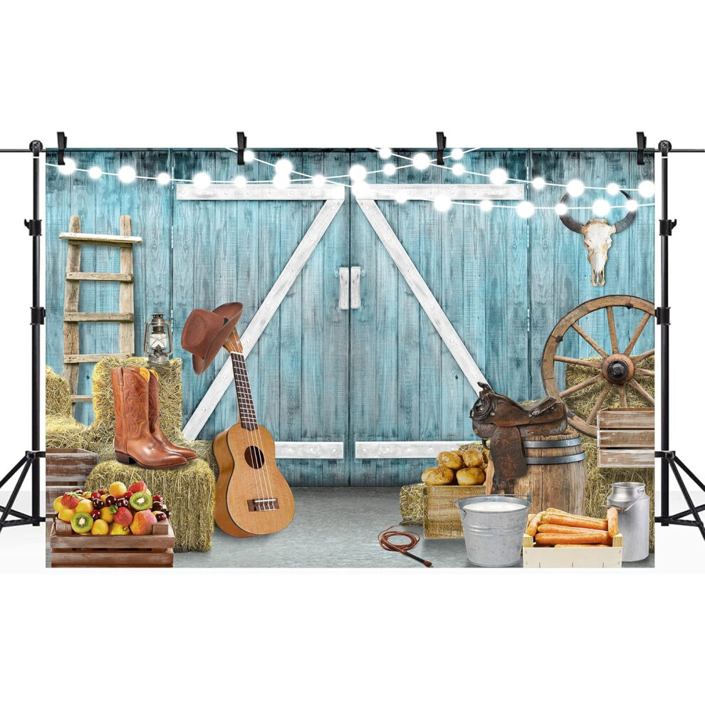 Western Cowboy Backdrop Polyester Fabric Rustic Wooden Barn Door Retro 7Wx5h Feet Rural Plank Wild West Photography Background Birthday Party Blue 7770198205312