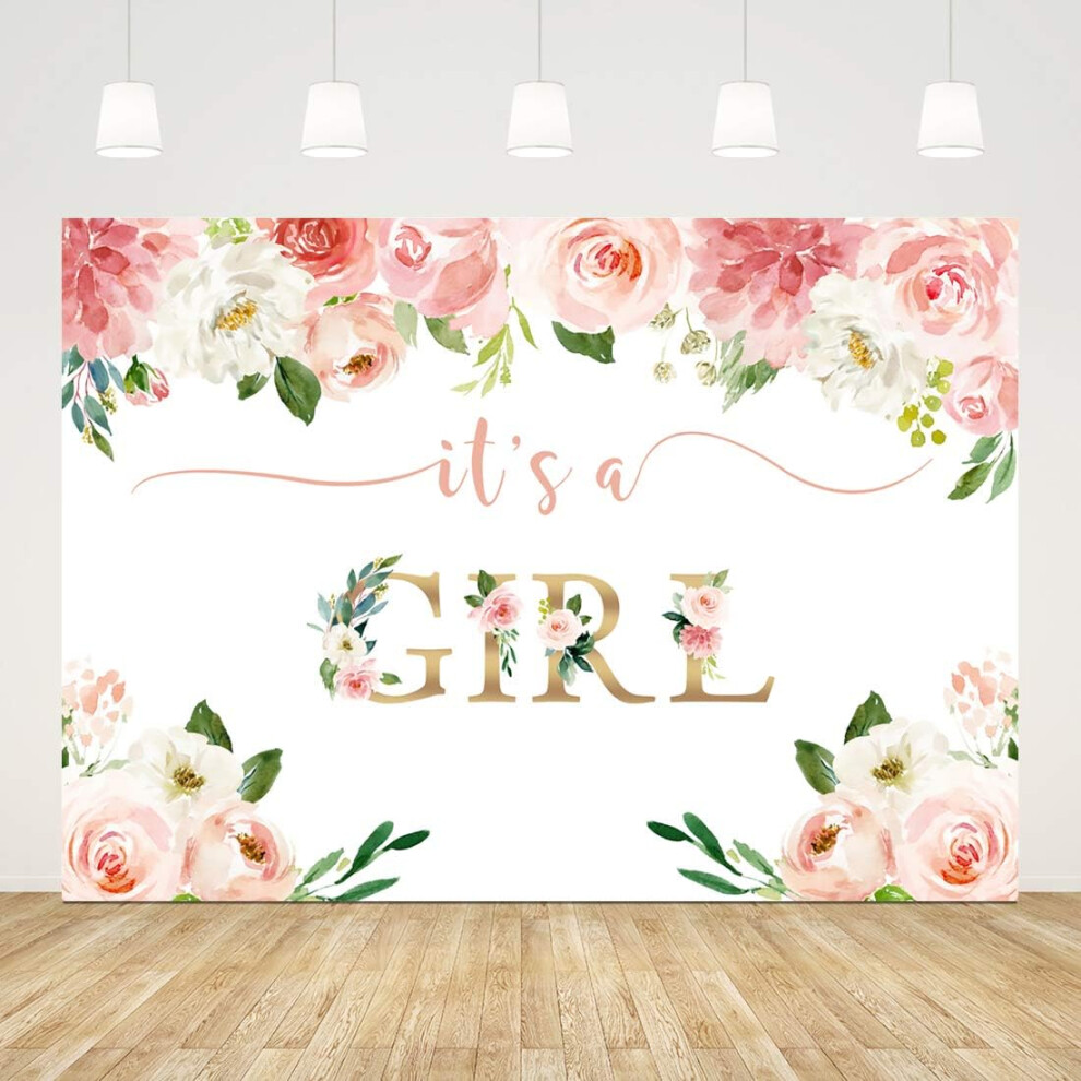 Baby Shower Backdrop For Girl Floral Girls Babyshower Photography Background 7X5ft Watercolor Flowers Pink 7770198205343