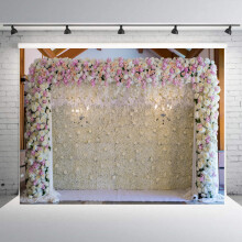 Wedding Flower Wall Backdrop Polyester Fabric Pink Bridal Brick Floral Blossom Romantic Rose Plant Elegant 7Wx5H
