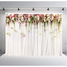 Wedding Flower Wall Backdrop Polyester Fabric Pink Bridal Brick Floral Blossom Romantic Rose Plant Elegant 7Wx5H