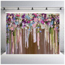 Wedding Flower Wall Backdrop Polyester Fabric Pink Bridal Brick Floral Blossom Romantic Rose Plant Elegant 7Wx5H
