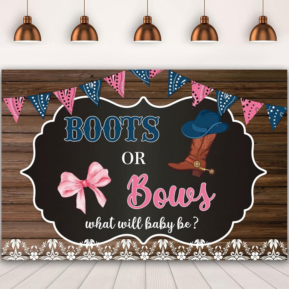 7X5ft Western Cowboy Boots And Bows Gender Reveal Backdrop For Boy Or Girl Baby Shower Newborn Party Photo Background Party Decoration 7770198205985