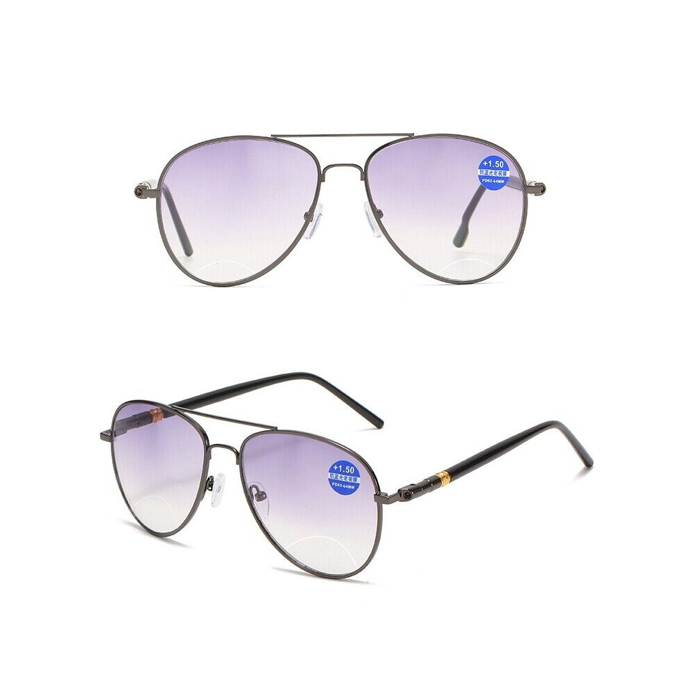 Blue/Light (+1.0, Gunmetal) Pilot Invisible Bifocal Reading Glasses Sunglasses Blocking