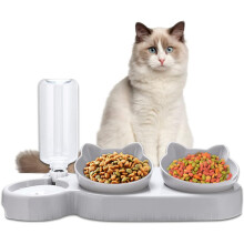 Raised Double Cat Bowl, Automatic Food and Water Dispenser for Cats and Dogs, 15¡ã Tilt, Neck Protection, Anti-Vomiting, for Small Animals (Grey)
