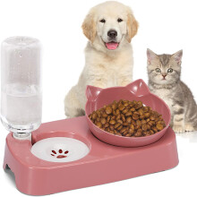 in 1 Cat Bowls, Cat Bowl with Automatic Water Dispenser, Double Bowl Feeder Cat Dog Bowl with Stand, 15¡ã Tilt, Cat and Small Dog Bowls