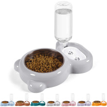 pet water and food bowl set, detachable stainless steel bowl with automatic water dispenser bottle, suitable for small dogs and cats - Gray