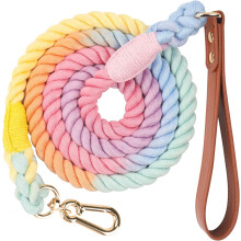 5 FT Dog Leash Handmade Braided Cotton Rope Dog Leash with Leather Handle for Small Medium and Large Dogs, Macaron