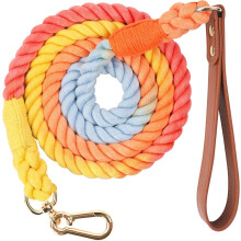 5 FT Dog Leash Handmade Braided Cotton Rope Dog Leash with Leather Handle for Small Medium and Large Dogs, Rainbow