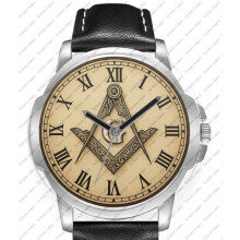 Freemason Masonic Square & Compass Rare Art Leather Strap Wrist Watch