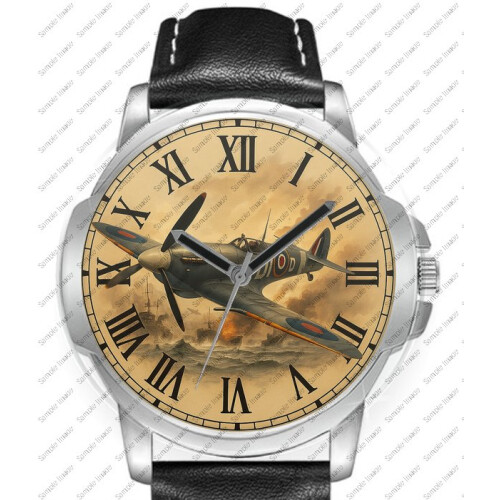 Spitfire Wwii Fighter #1 Rare Art Leather Strap Wrist Watch