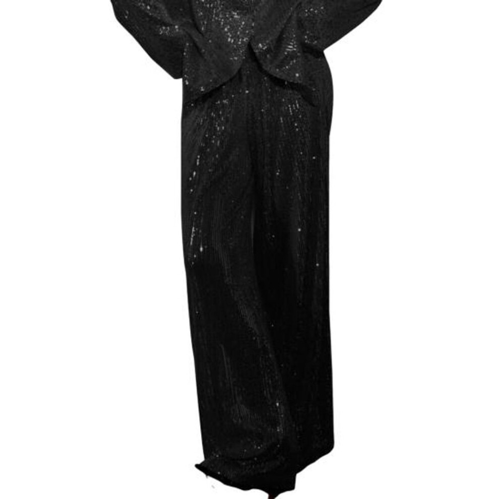 (black, L Trousers) Women Sequin Shirt Pants Lapel V Neck Baggy Long Sleeve Mid Length Coat Wide Leg Oversized Trousers For Parties Club Celebrity Outfit