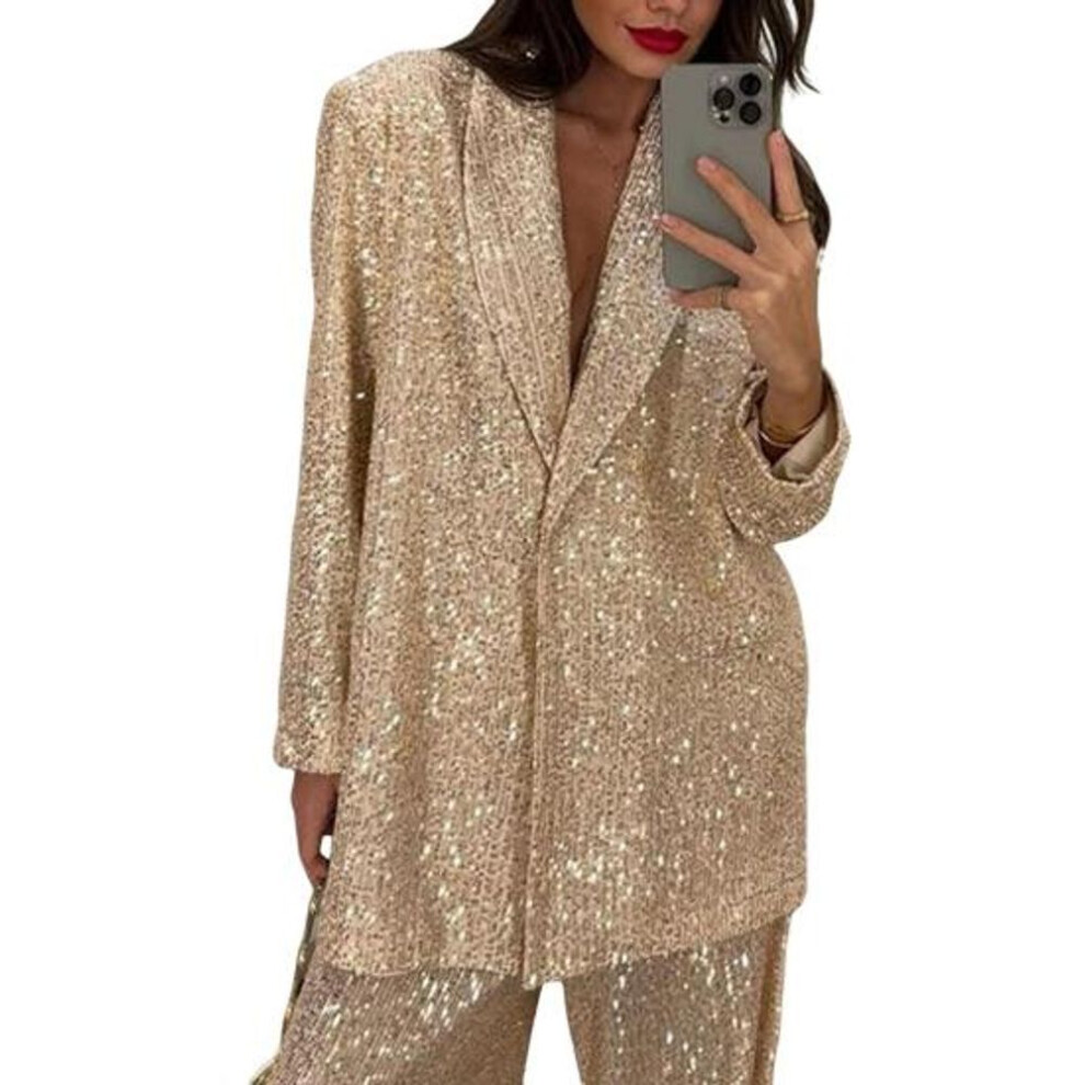 (golden, L Jacket) Women Sequin Shirt Pants Lapel V Neck Baggy Long Sleeve Mid Length Coat Wide Leg Oversized Trousers For Parties Club Celebrity Outfit