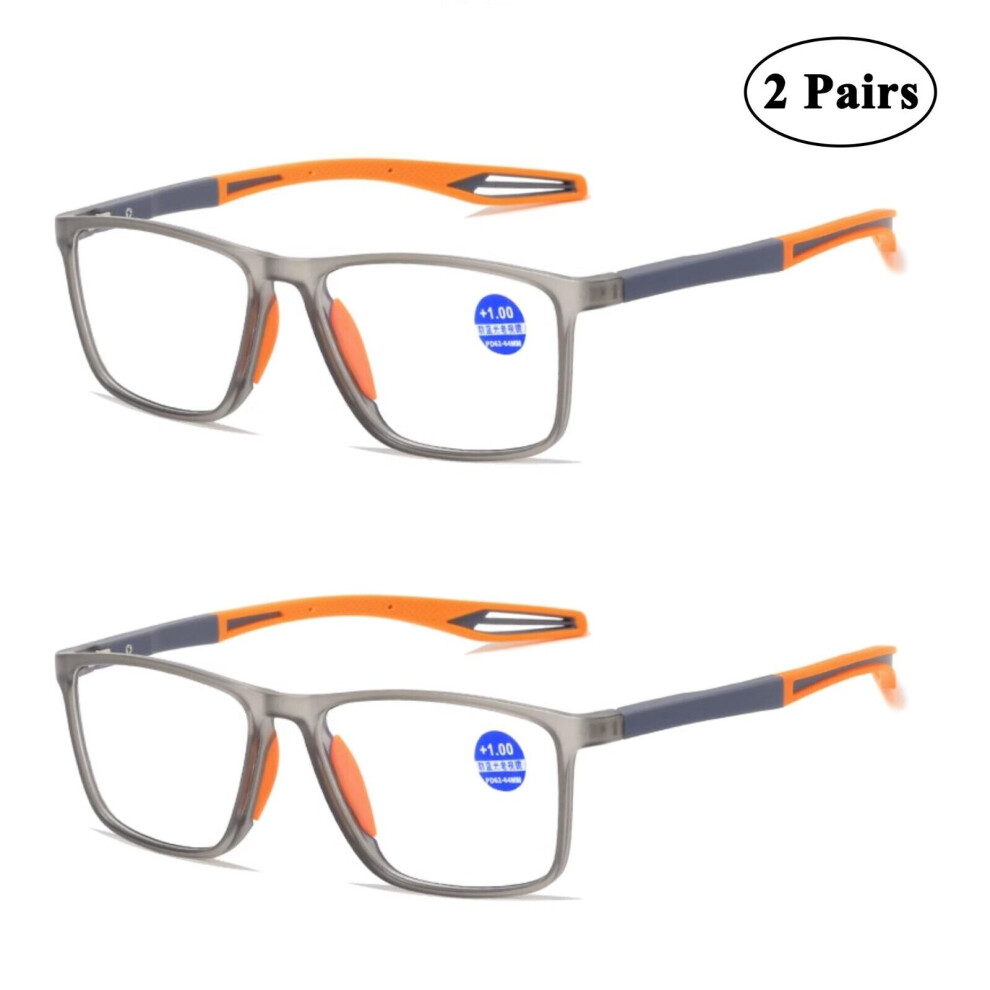(Grey Orange, +1.0) 2Pairs Mens Womens Anti-blue Light Square Reading Glasses +1.0 1.5 2.0 2.5 3 3.5 4.0
