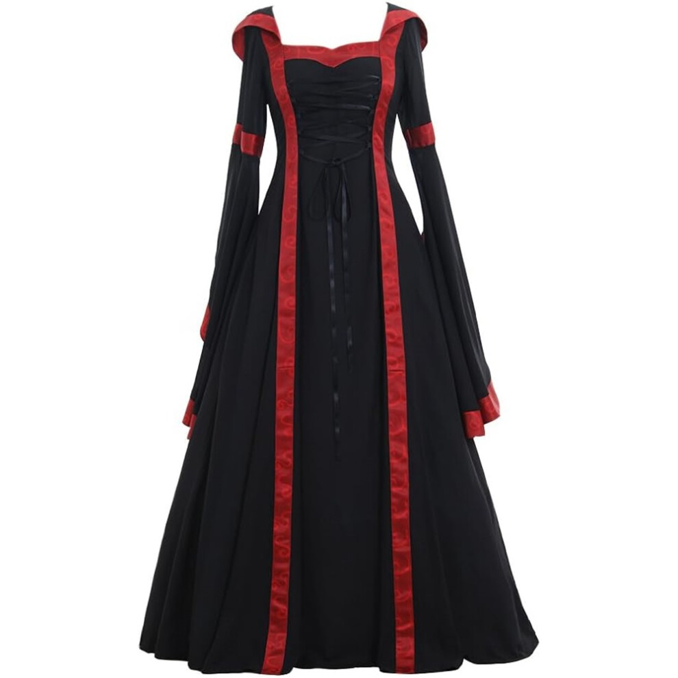 (&, Medium) Women's Gothic Victorian Witch Vampire Dress Medieval Renaissance Hooded Dress Trumpet Sleeves Cosplay Gown Dress Black/Red