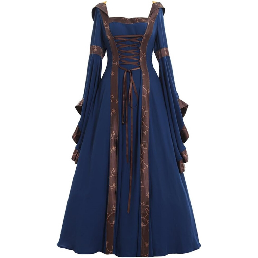 (, Large) Women's Gothic Victorian Witch Vampire Dress Medieval Renaissance Hooded Dress Trumpet Sleeves Cosplay Gown Dress Blue