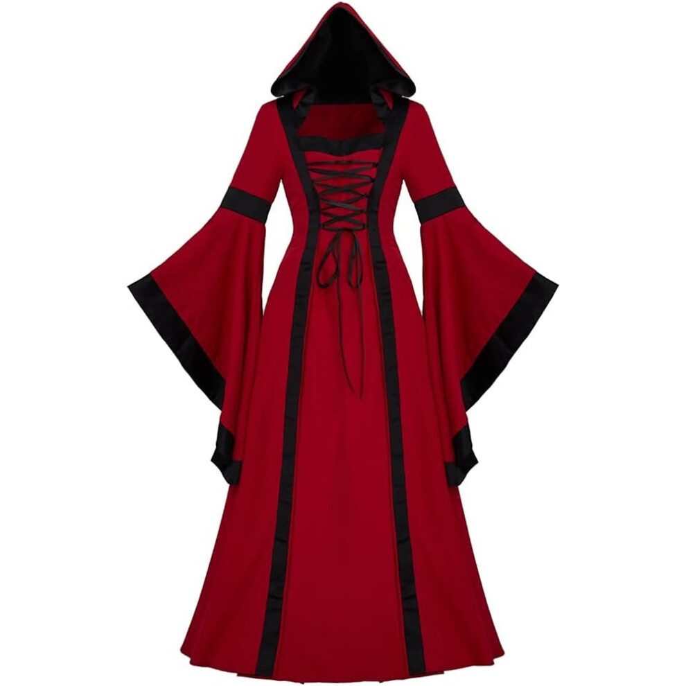 (, Large) Women's Gothic Victorian Witch Vampire Dress Medieval Renaissance Hooded Dress Trumpet Sleeves Cosplay Gown Dress Red