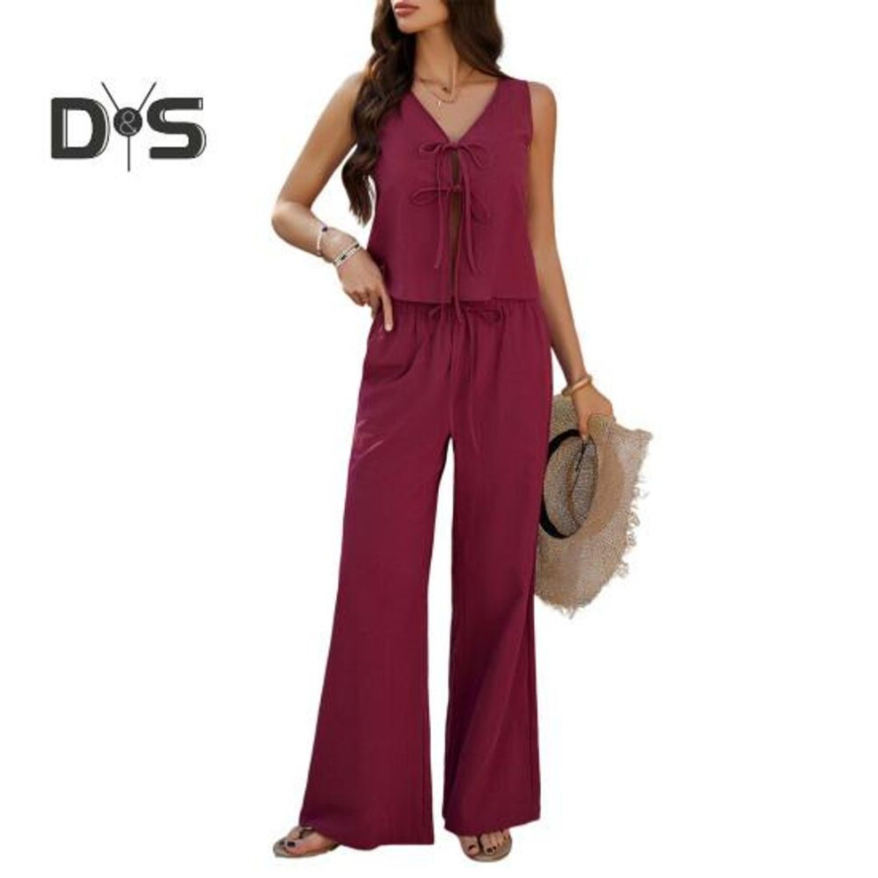 (wine red, S) Women's Summer 2 Piece Outfit Tie Front Sleeveless Vest Top Wide Leg Pants Set Casual Lounge Suit For Home Party Office