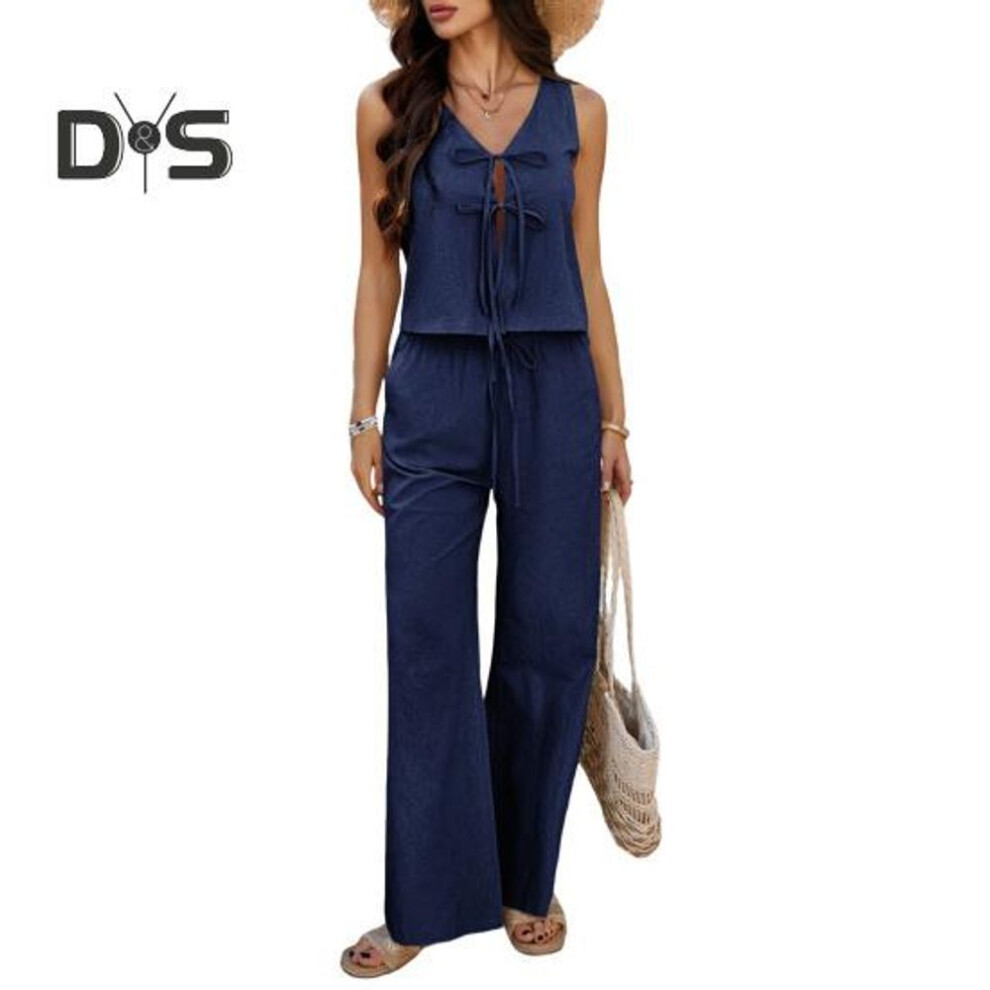 (navy blue, S) Women's Summer 2 Piece Outfit Tie Front Sleeveless Vest Top Wide Leg Pants Set Casual Lounge Suit For Home Party Office