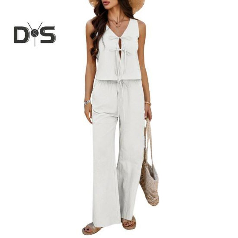 (white, XL) Women's Summer 2 Piece Outfit Tie Front Sleeveless Vest Top Wide Leg Pants Set Casual Lounge Suit For Home Party Office