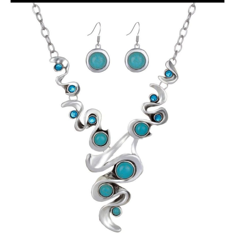 Bohemian Turquoise Tibetan Silver Necklace & Earrings Set