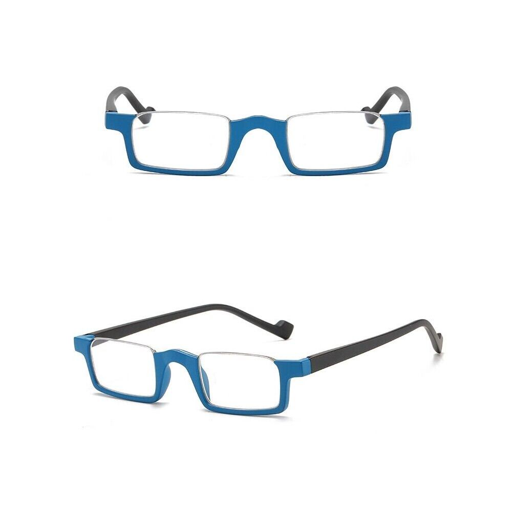 (+2.0, Blue) Half Rimless Reading Glasses Half Moon RectangleReaders Women Men Spring Hinges