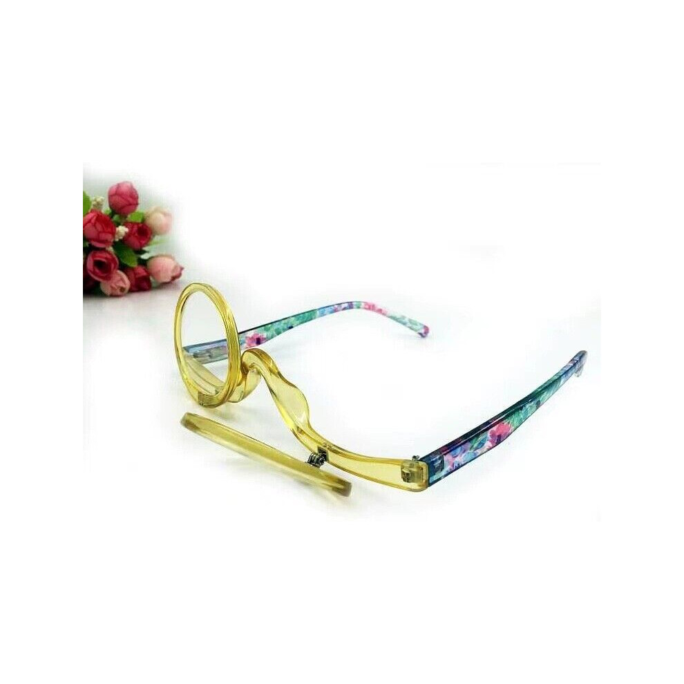 (Yellow, +2.0) Folding Women Makeup Magnifying Reading Flip Make-up Eye Glasses Care +1.0 ~ 4.0-image-OPC-PHDM6JP-NEW