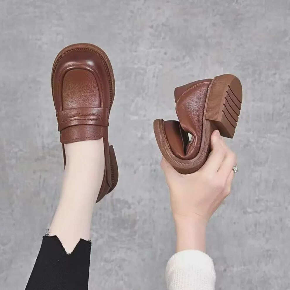 (dark brown, 36) 2023 Women's Beige Retro Round-head Loafers - Thick Sole, Versatile British Style