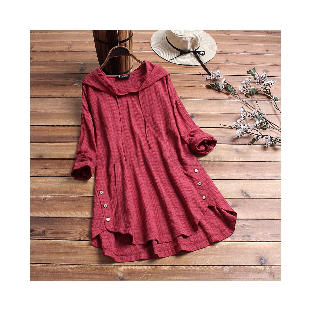 (Red,3XL)Chemise à capuche femme asymétrique ourlet hauts sweats à capuche carreaux chemisier asymétrique