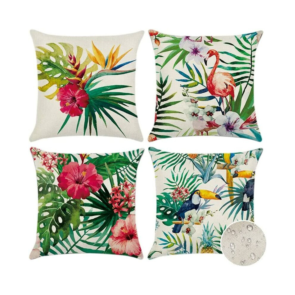 Extérieur Housse de Coussin, Lot de 4 Plantes en Fleurs Tropicales en Oiseaux Motif Canapé Taie d'oreiller pour Patio Jardin Salon Chambre Decora