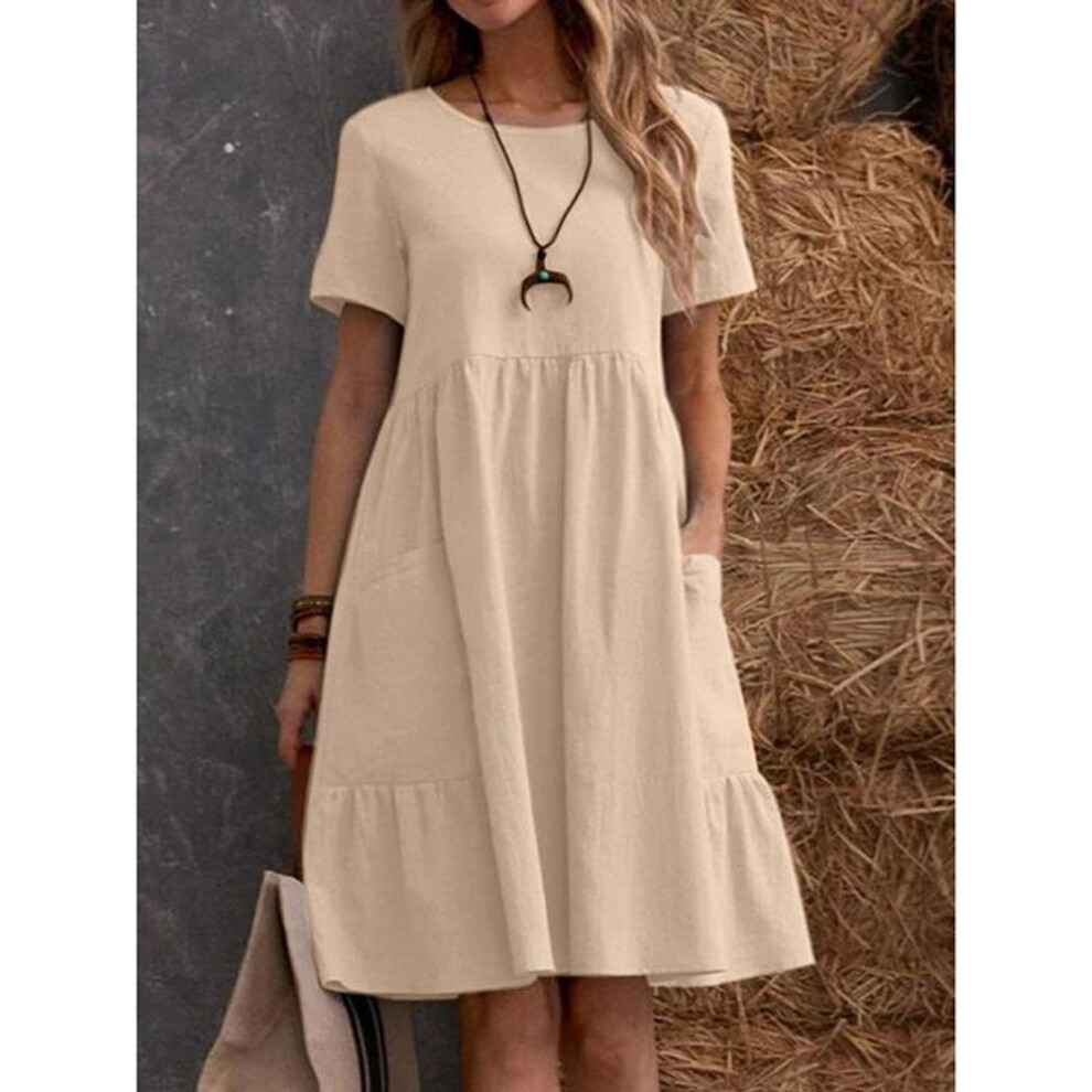 (apricot, M) Summer Retro Loose Pockets Solid Plus Size Dresses Women Fashion O Neck Short Sleeve Casual Dress Women Elegant A Line Cotton And Linen Dress 26469