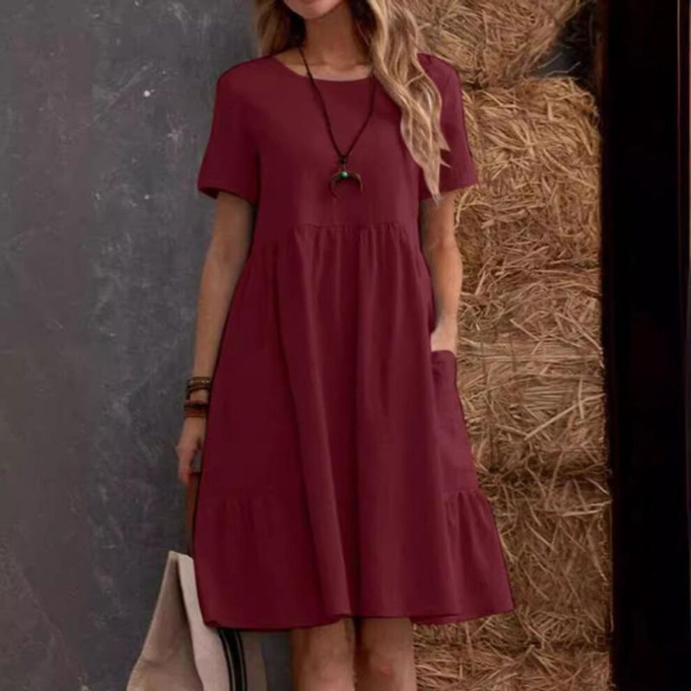 (burgundy, L) Summer Retro Loose Pockets Solid Plus Size Dresses Women Fashion O Neck Short Sleeve Casual Dress Women Elegant A Line Cotton And Linen Dress 26469