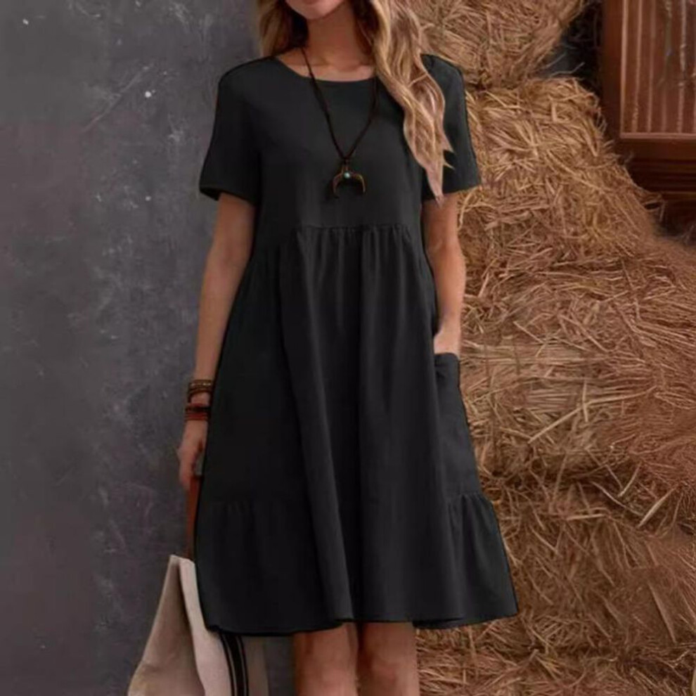 (black, 3XL) Summer Retro Loose Pockets Solid Plus Size Dresses Women Fashion O Neck Short Sleeve Casual Dress Women Elegant A Line Cotton And Linen Dress 26469
