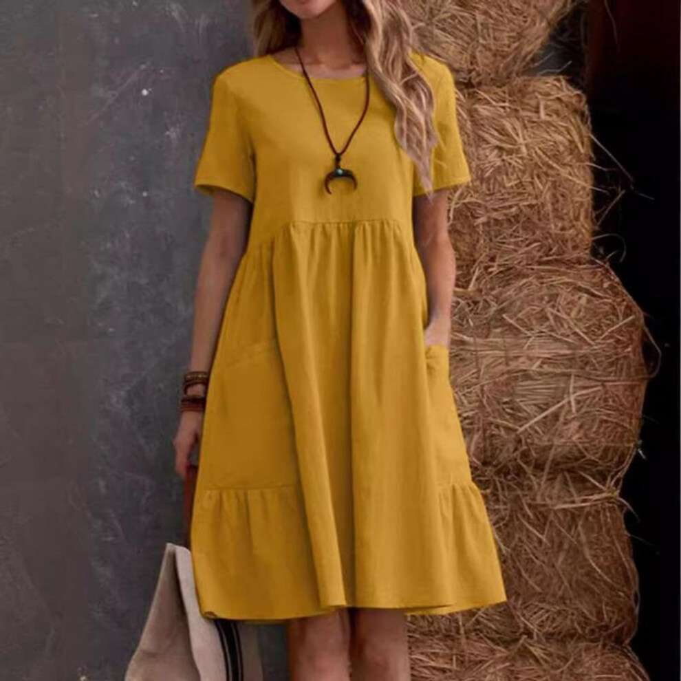 (khaki, XL) Summer Retro Loose Pockets Solid Plus Size Dresses Women Fashion O Neck Short Sleeve Casual Dress Women Elegant A Line Cotton And Linen Dress 26469