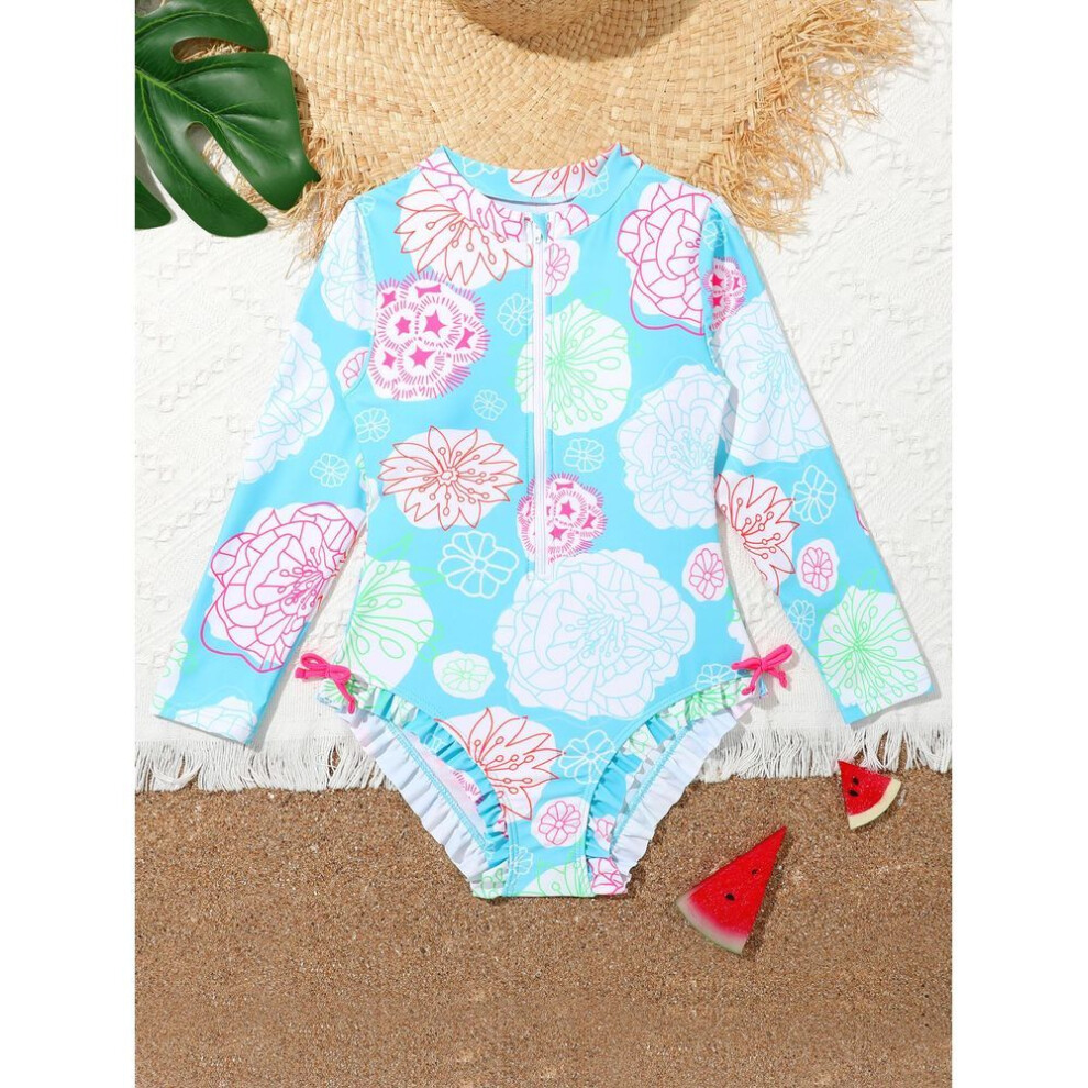 (blue, 110) Kids Girls Swimsuit Long Sleeve  Printed Zippered Swimwear Bathing Suit  Bodysuit Beach Wear