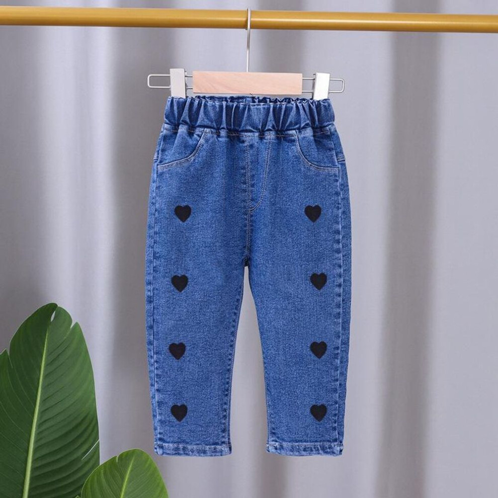 (as the picture, Heart, 100cm) 2024 Stylish Korean Spring & Autumn Girls' Jeans – Loose Fit Children's Pants