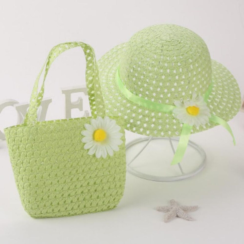 (green) 2025 New Sunflower Straw Hat & Tote Set Kids Girls Beach Hat With Bag Bohemian Braided Sun Protection Summer Beach Accessories