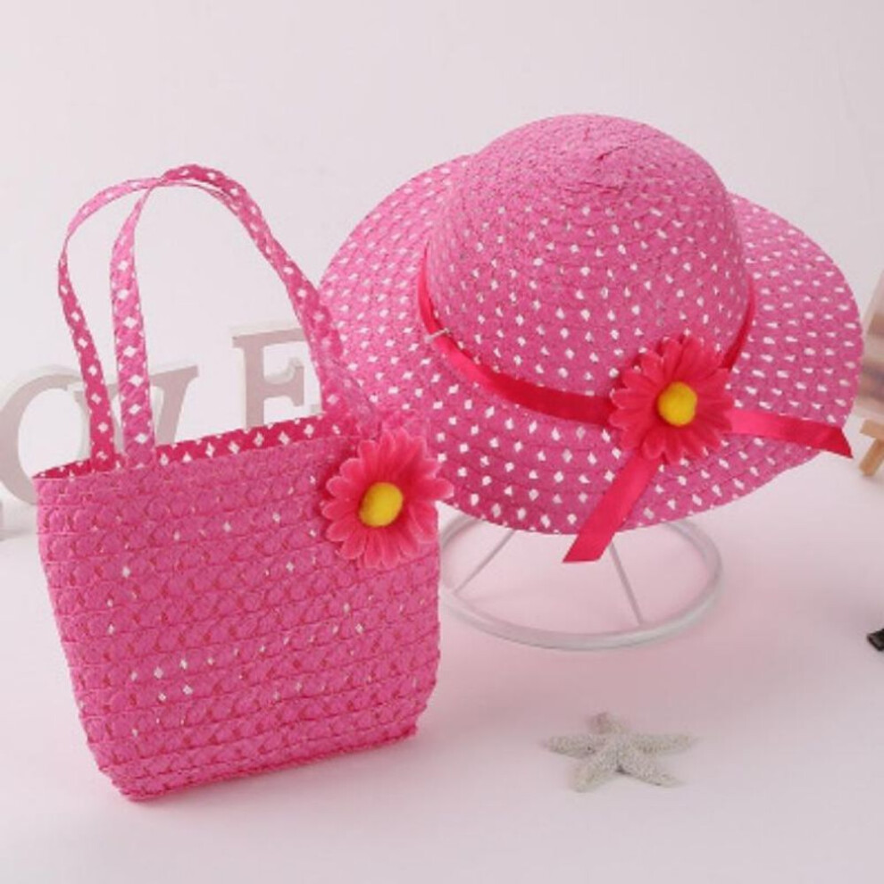 (rose red) 2025 New Sunflower Straw Hat & Tote Set Kids Girls Beach Hat With Bag Bohemian Braided Sun Protection Summer Beach Accessories